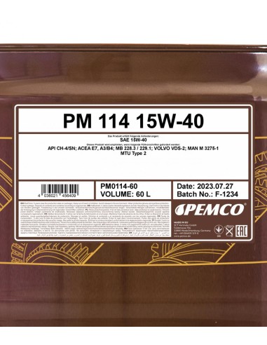 Моторно Масло PEMCO iDRIVE 114 15W-40 60L