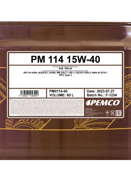 Моторно Масло PEMCO iDRIVE 114 15W-40 60L