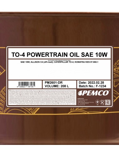 Минерално Хидравлично  PEMCO TO-4 POWERTRAIN OIL SAE 10W 208L