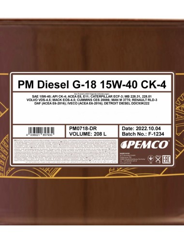Моторно Масло PEMCO DIESEL G-18 15W-40 CK-4 208L